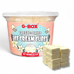 G-BOX vanilla freeze-dried ice cream cubes in a 2.5oz pack, ready to enjoy.