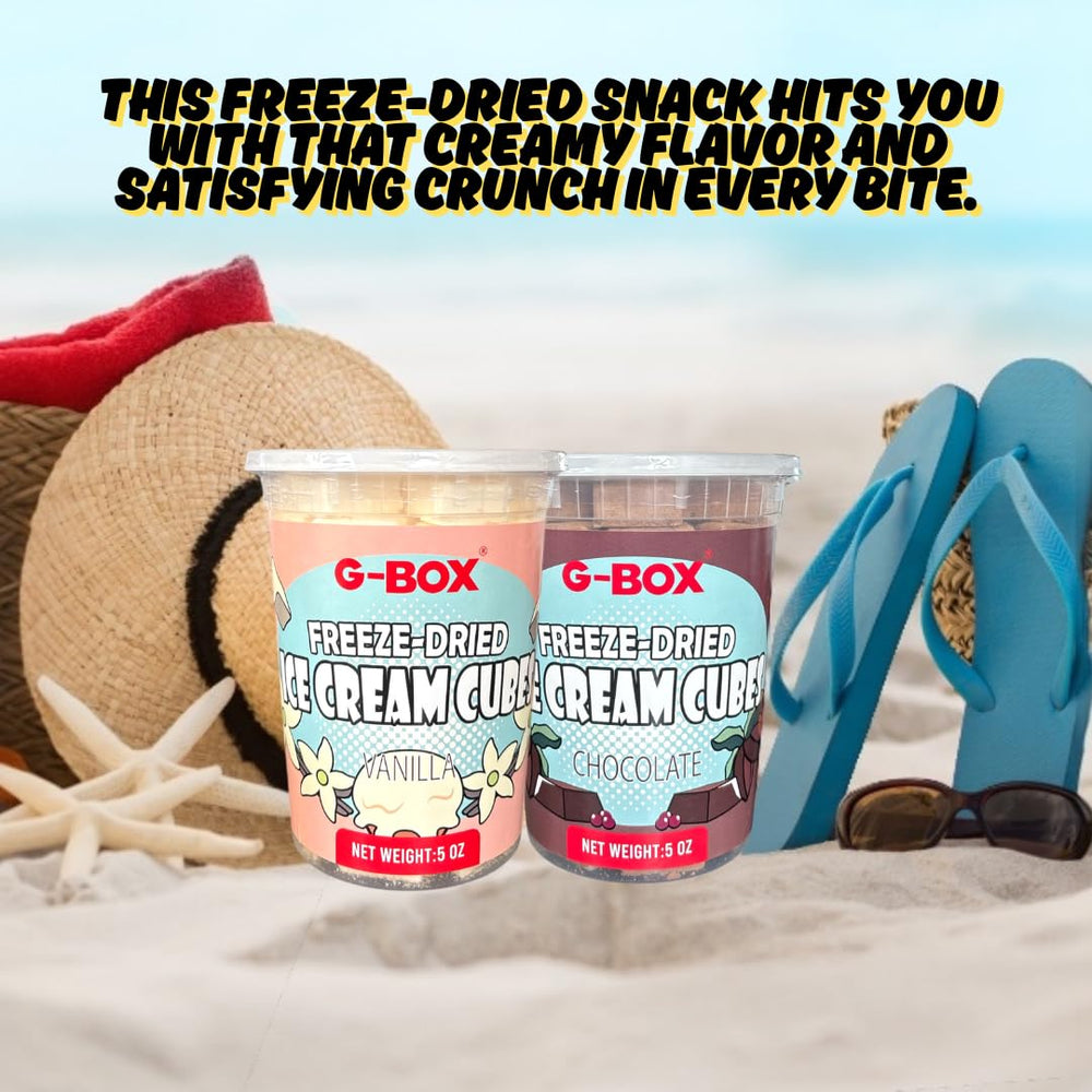Packaging close-up for G-BOX vanilla freeze-dried ice cream cubes.