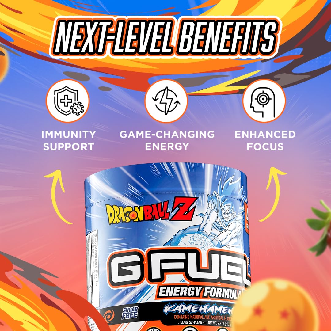 G Fuel Dragon Ball Z energy powder strawberry lychee flavor delivers tangy-sweet aroma.