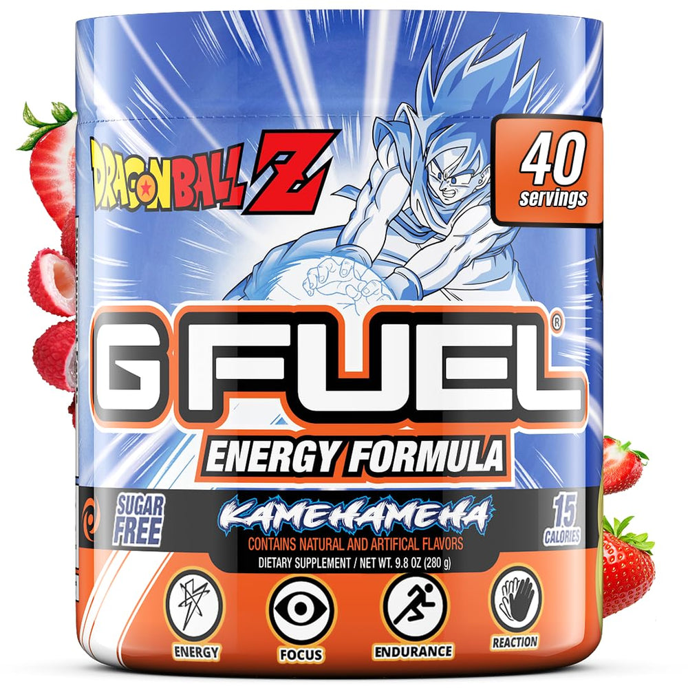 G Fuel Dragon Ball Z energy powder on the tin label for bold flavor and clean energy.