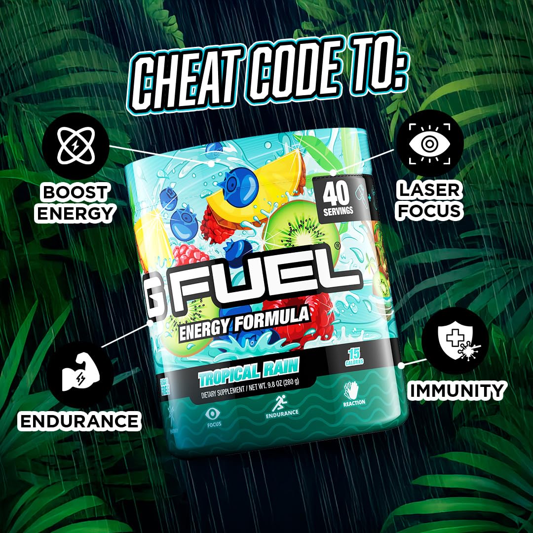 G Fuel Tropical Rain dissolved drink in a glass with fruity flavor