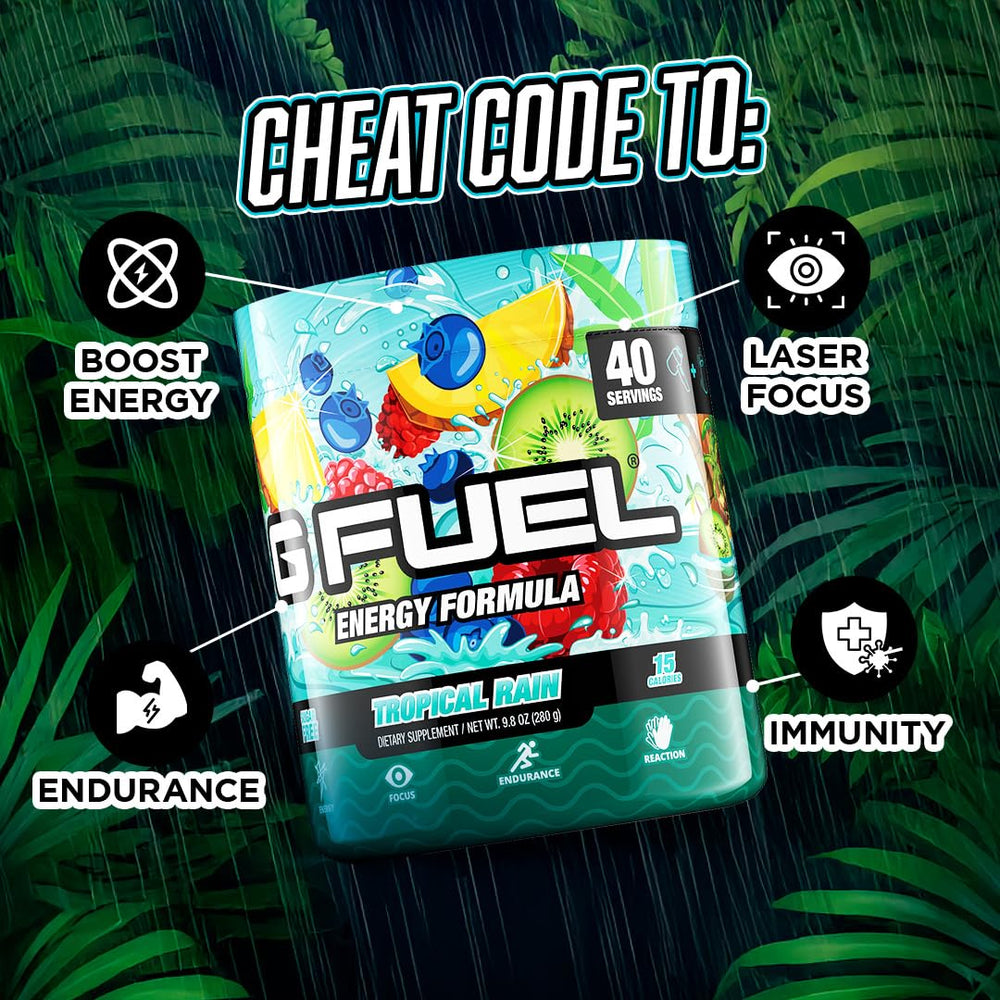 G Fuel Tropical Rain dissolved drink in a glass with fruity flavor