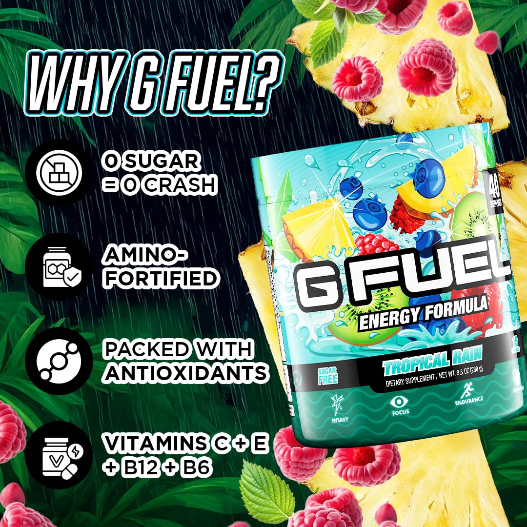 G Fuel Tropical Rain label highlighting sugar-free energy and vitamins