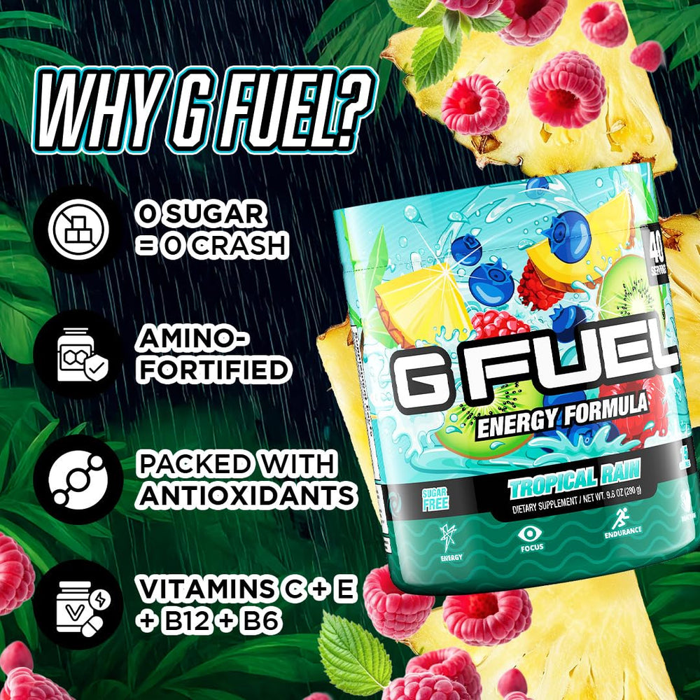 G Fuel Tropical Rain label highlighting sugar-free energy and vitamins