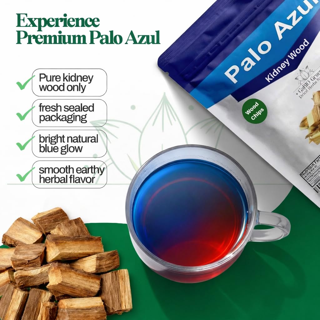Gabio Green Palo Azul kidneywood tea shows amber to blue glow.