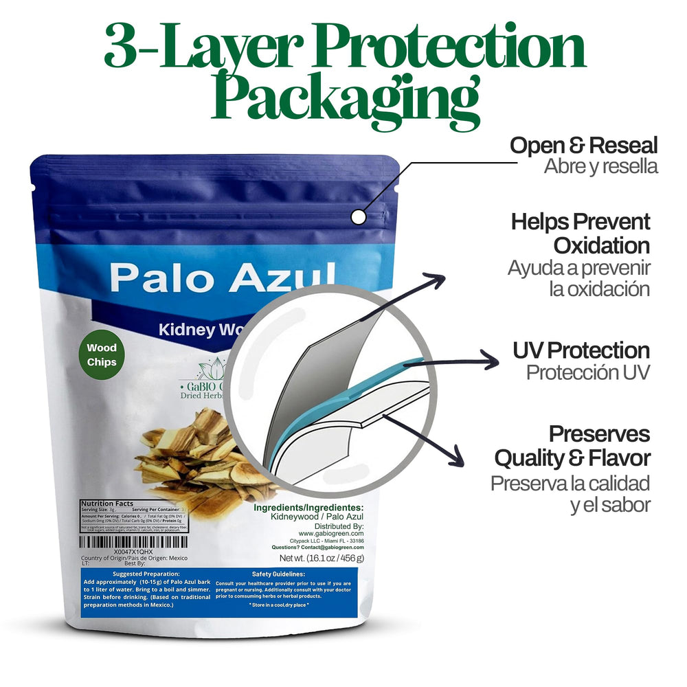 Gabio Green resealable pouch preserves Palo Azul tea freshness.