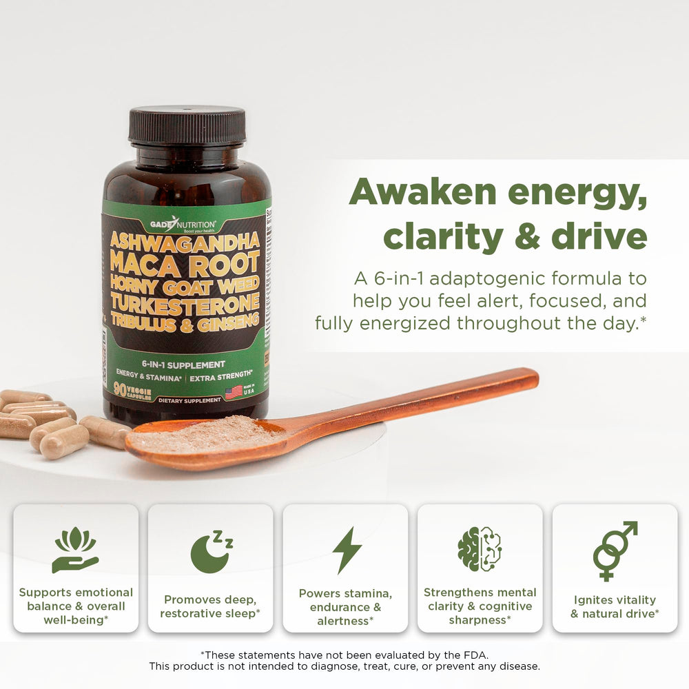 GADE NUTRITION Ashwagandha and Maca capsules ideal for a focused morning routine.