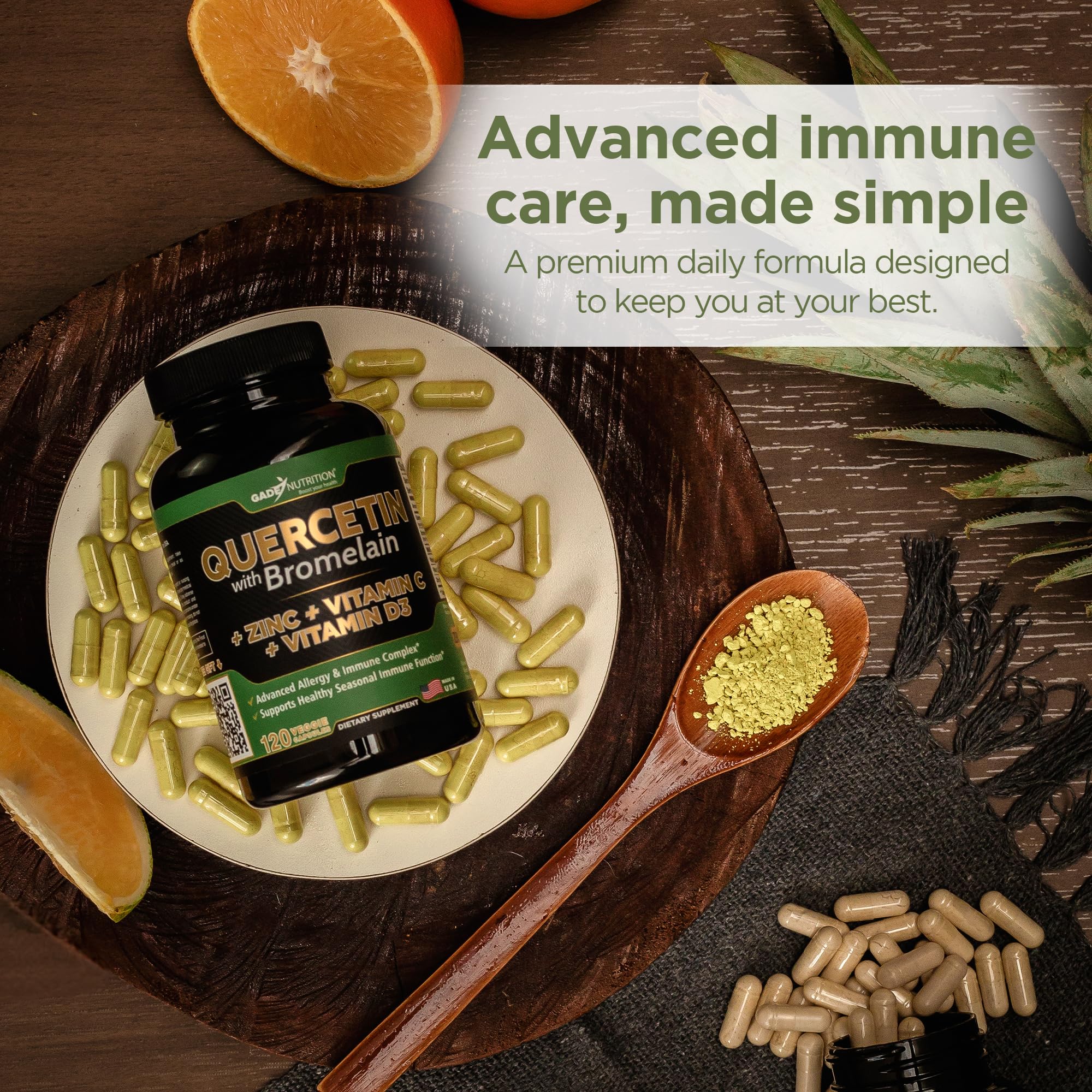 GADE Nutrition Quercetin with Bromelain soft veggie capsules for rapid absorption.