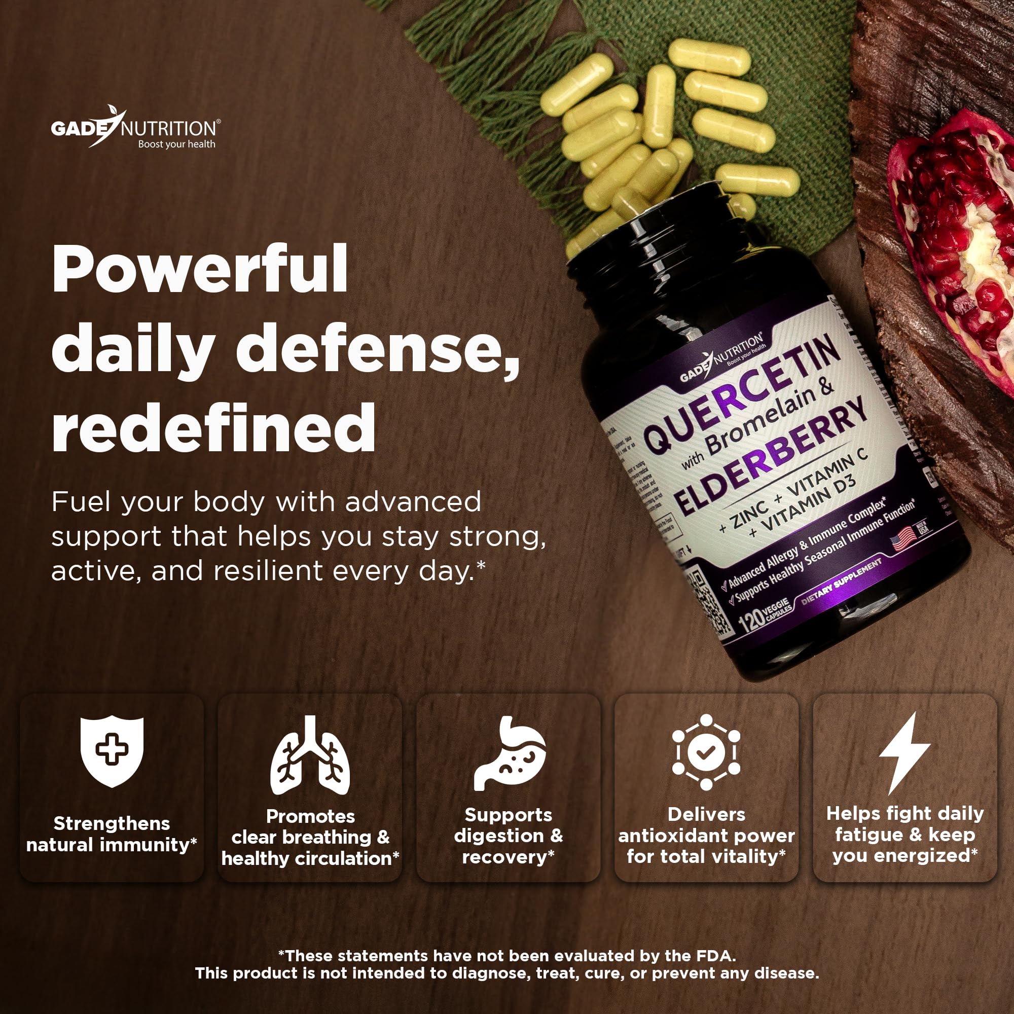 Gade Nutrition Quercetin capsules close-up highlighting wellness support through natural ingredients.