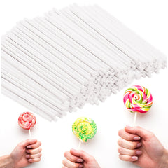 Gadget Beyond 6-inch white paper lollipop sticks, 100-pack, ideal for professional dessert displays.