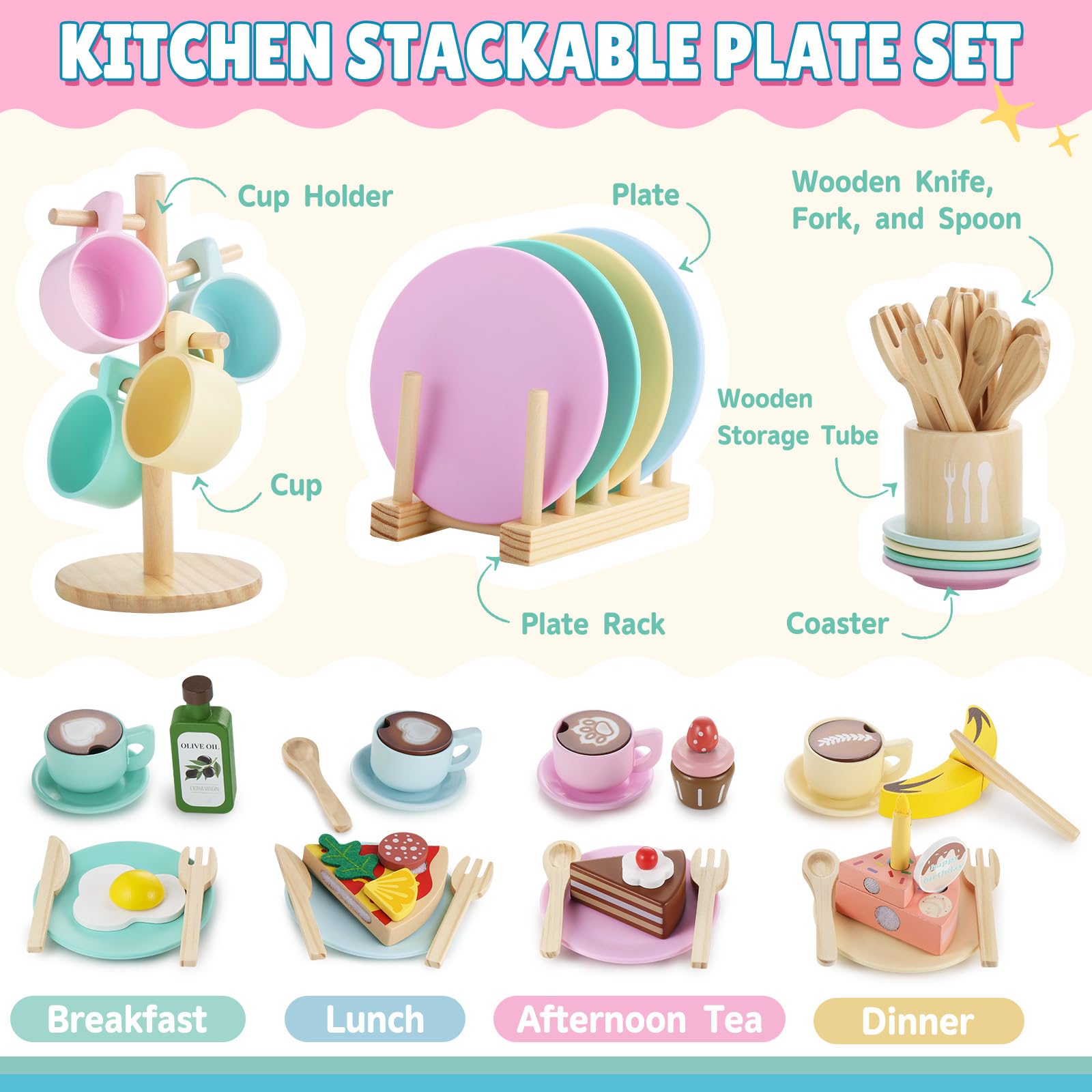 GAGAKU plate rack storage pictured with the play dishes for organized play space.