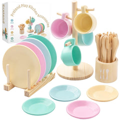 GAGAKU kids wooden play dishes set with plates and bowls for imaginative meals.