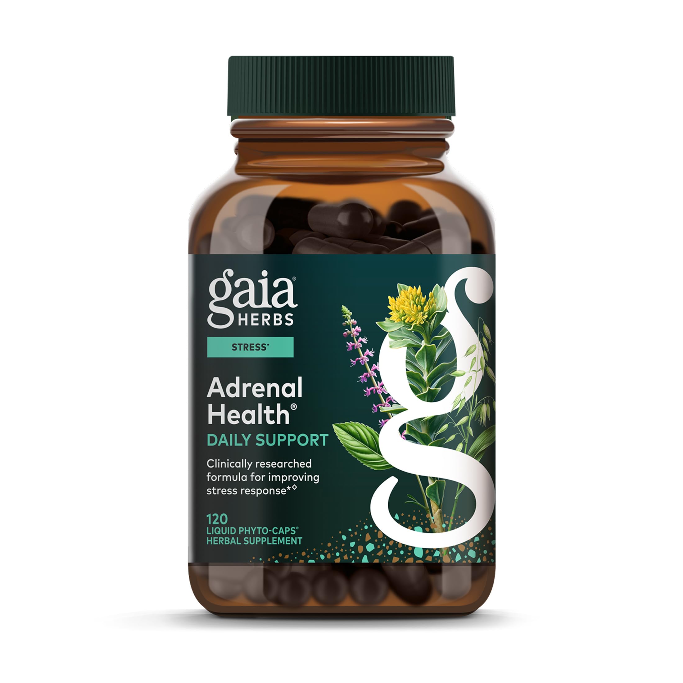 Gaia Herbs Adrenal Health Daily Support bottle with vegan capsules for daily energy and calm.