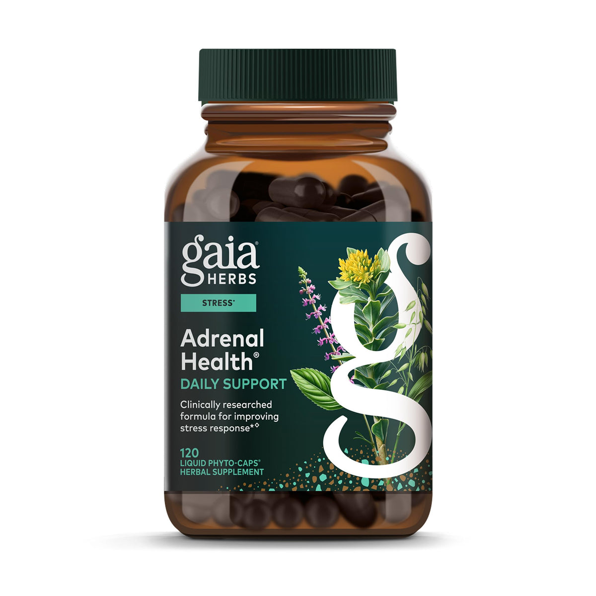 Gaia Herbs Adrenal Health Daily Support bottle with vegan capsules for daily energy and calm.