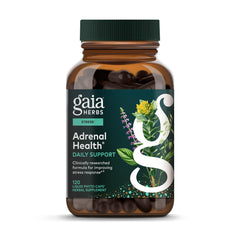Gaia Herbs Adrenal Health Daily Support bottle with vegan capsules for daily energy and calm.