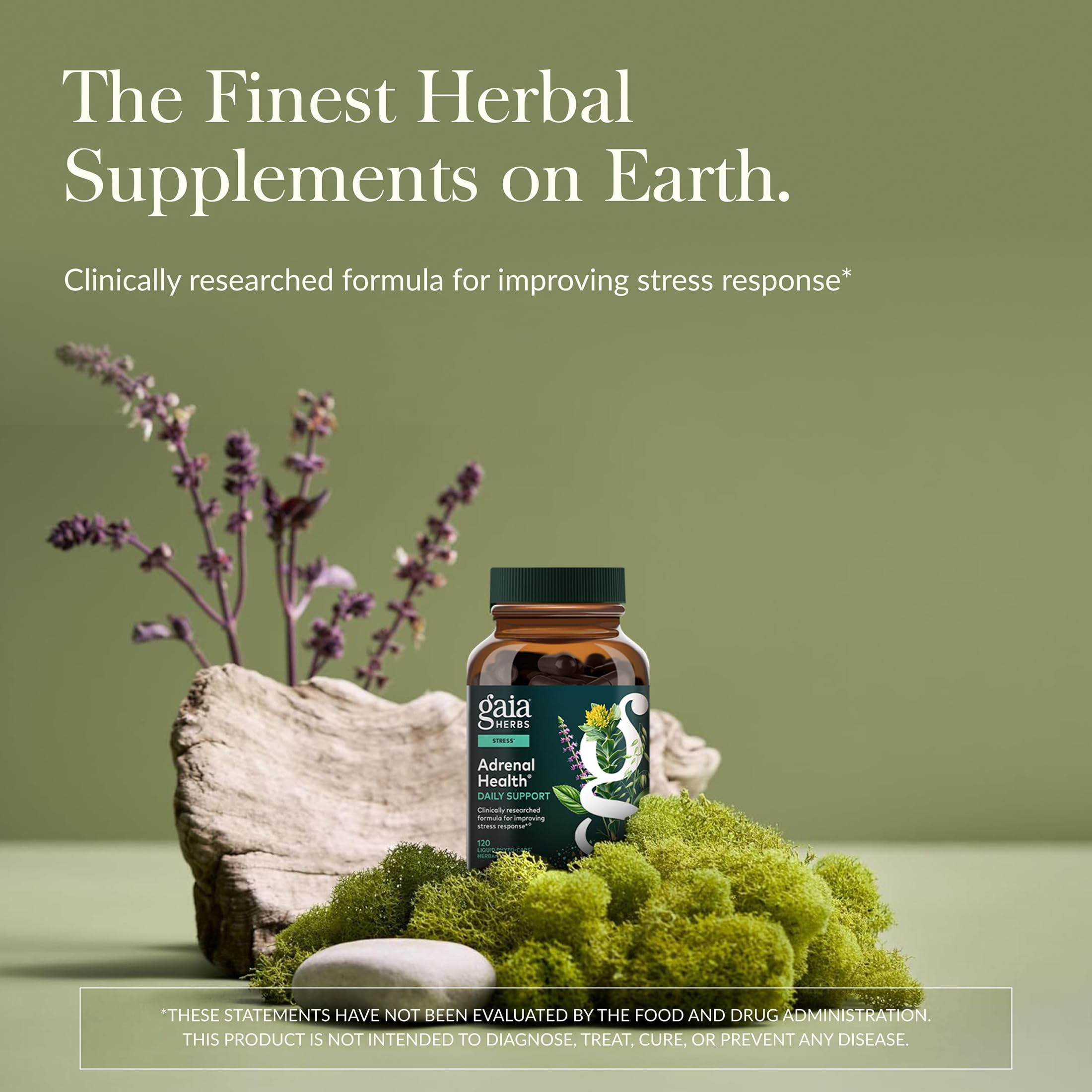 Gaia Herbs Adrenal Health Daily Support capsules ready to take with water.