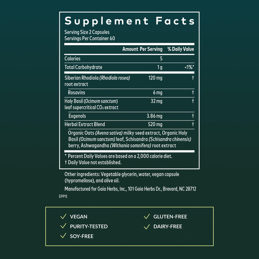 Gaia Herbs Adrenal Health Daily Support label highlighting ingredients and origin.