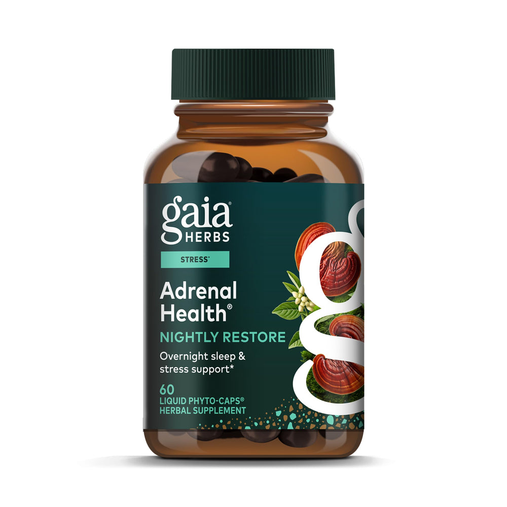 Gaia Herbs Adrenal Health Nightly Restore bottle pour supports stress balance