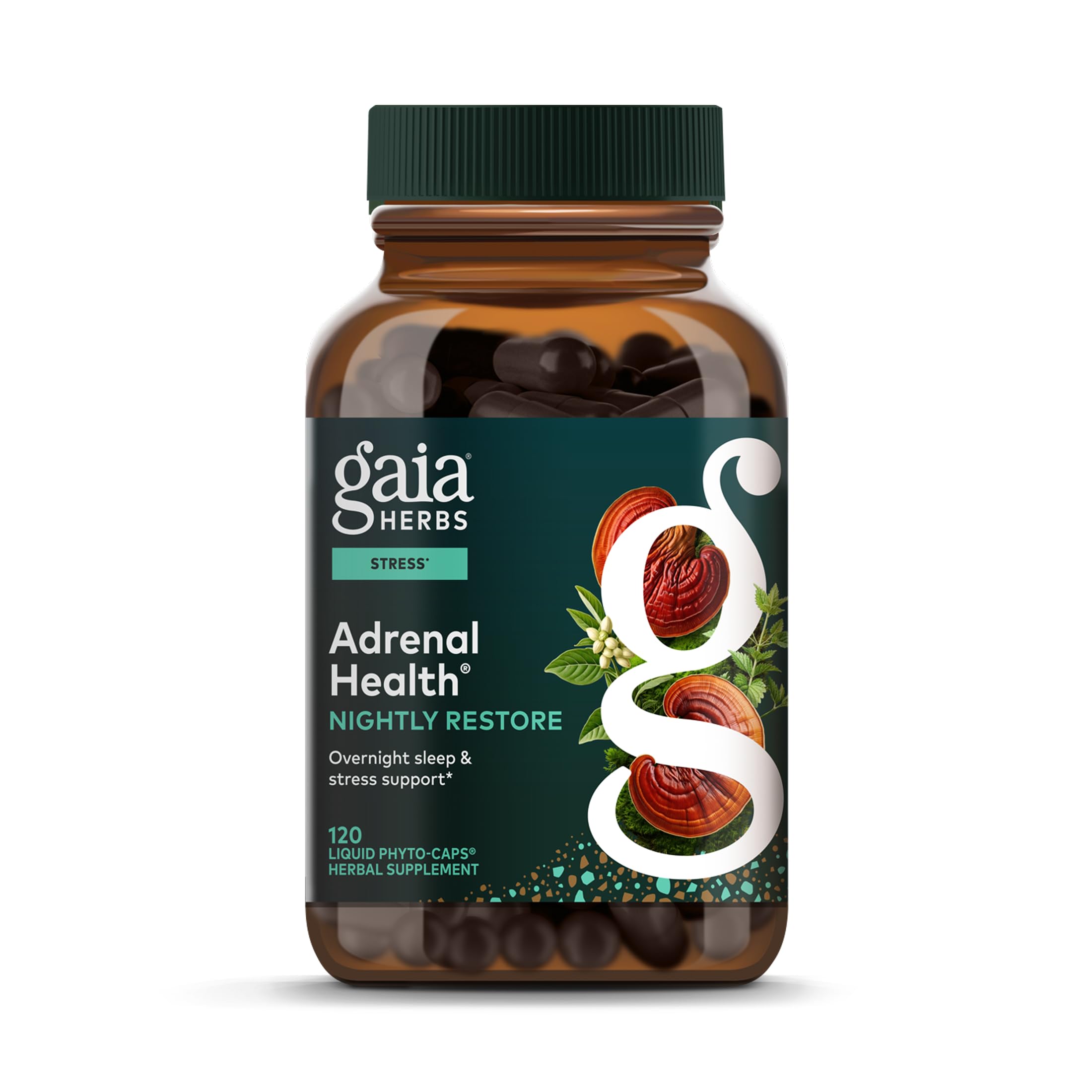 Gaia Herbs Adrenal Health Nightly Restore bottle ready for a restful evening