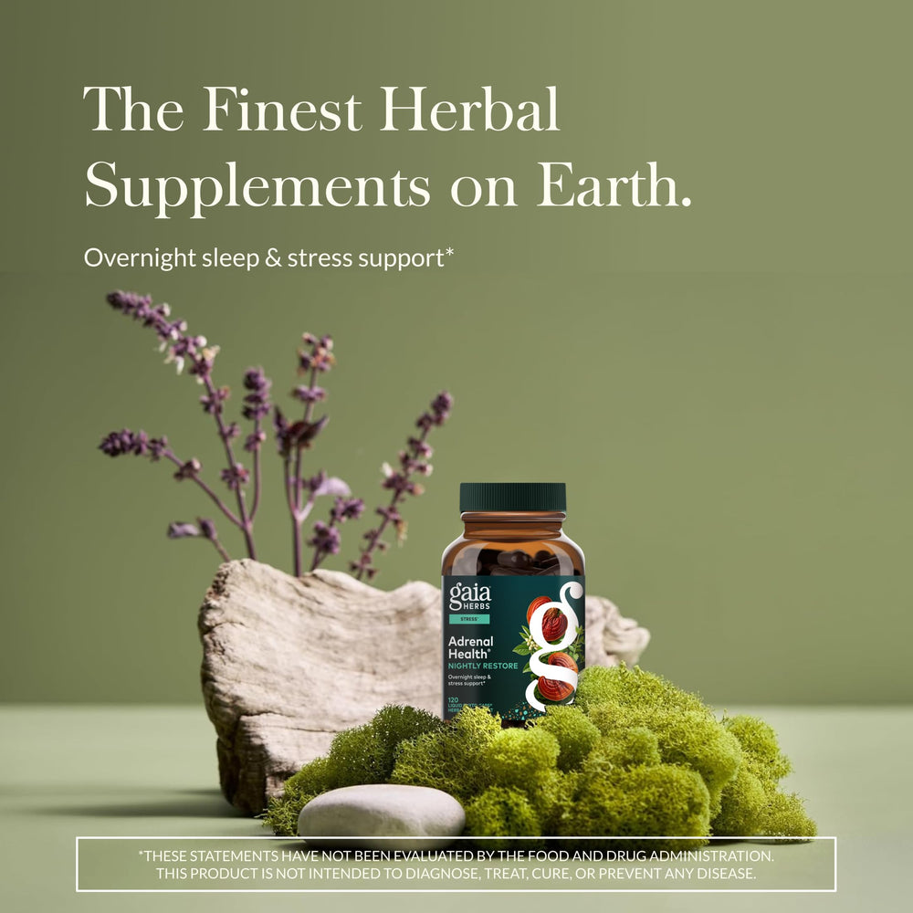 Gaia Herbs Adrenal Health Nightly Restore capsules closeup for simple nightly support