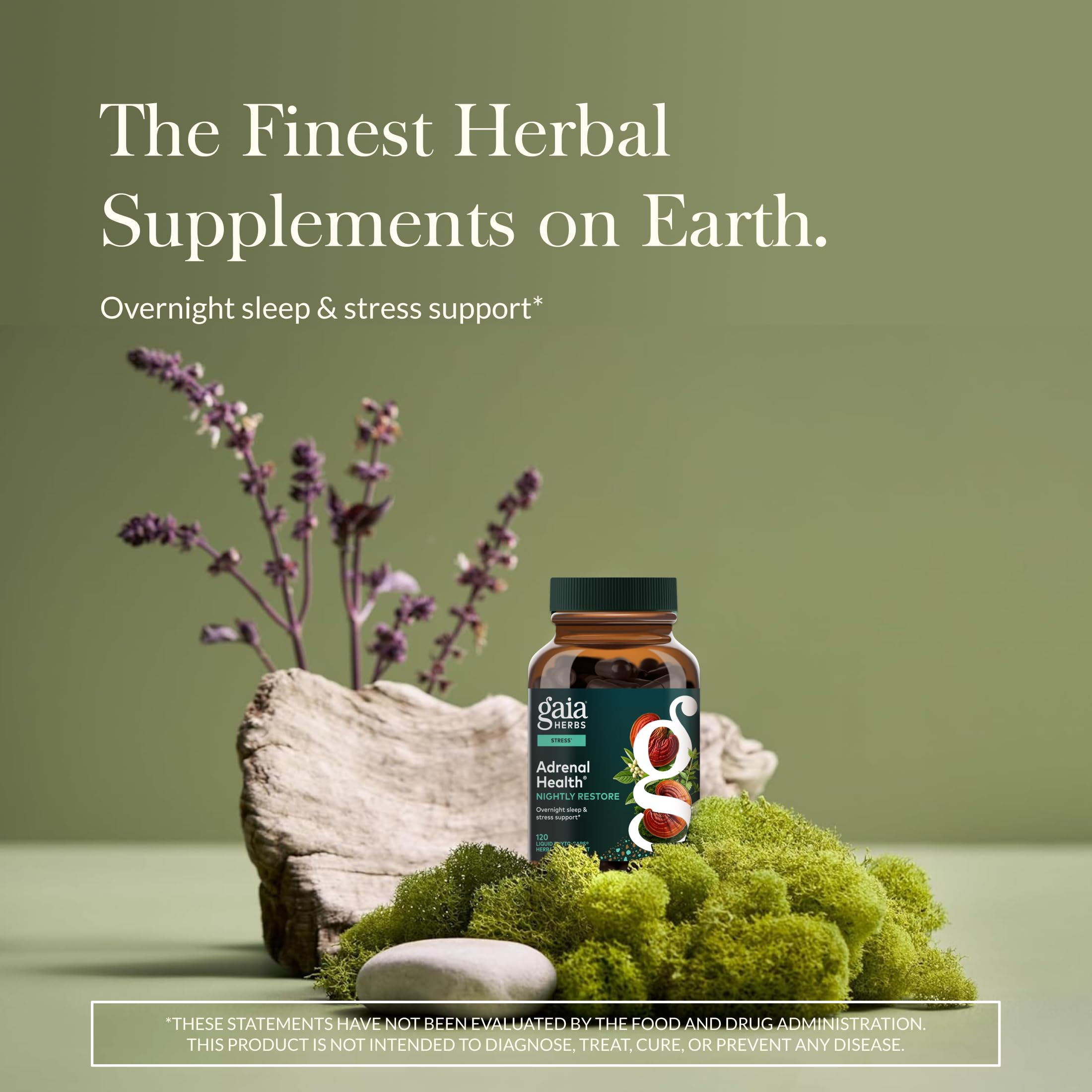 Gaia Herbs Adrenal Health Nightly Restore capsules shown for daily stress support