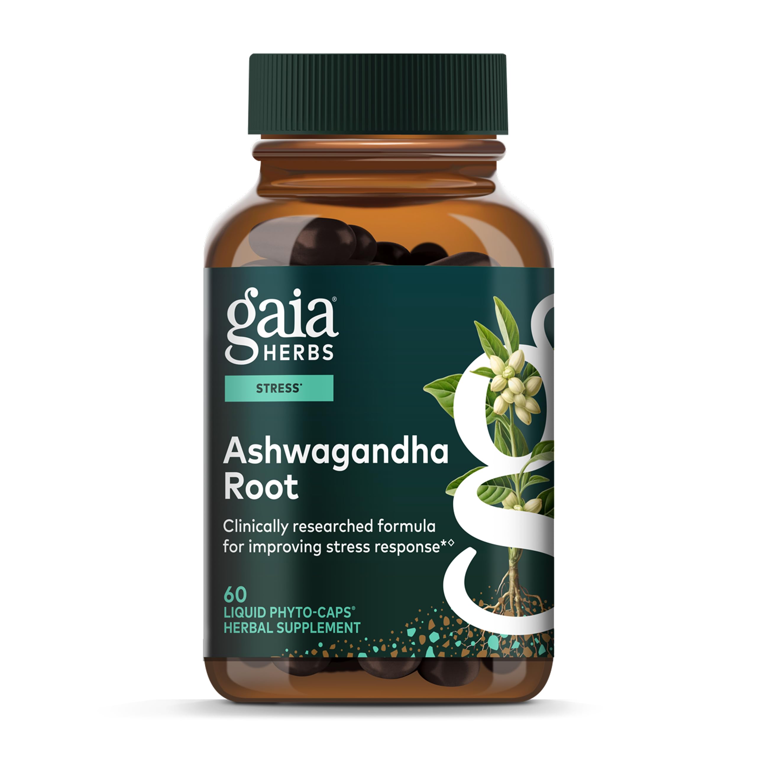 Gaia Herbs Ashwagandha bottle front may support daily stress balance.