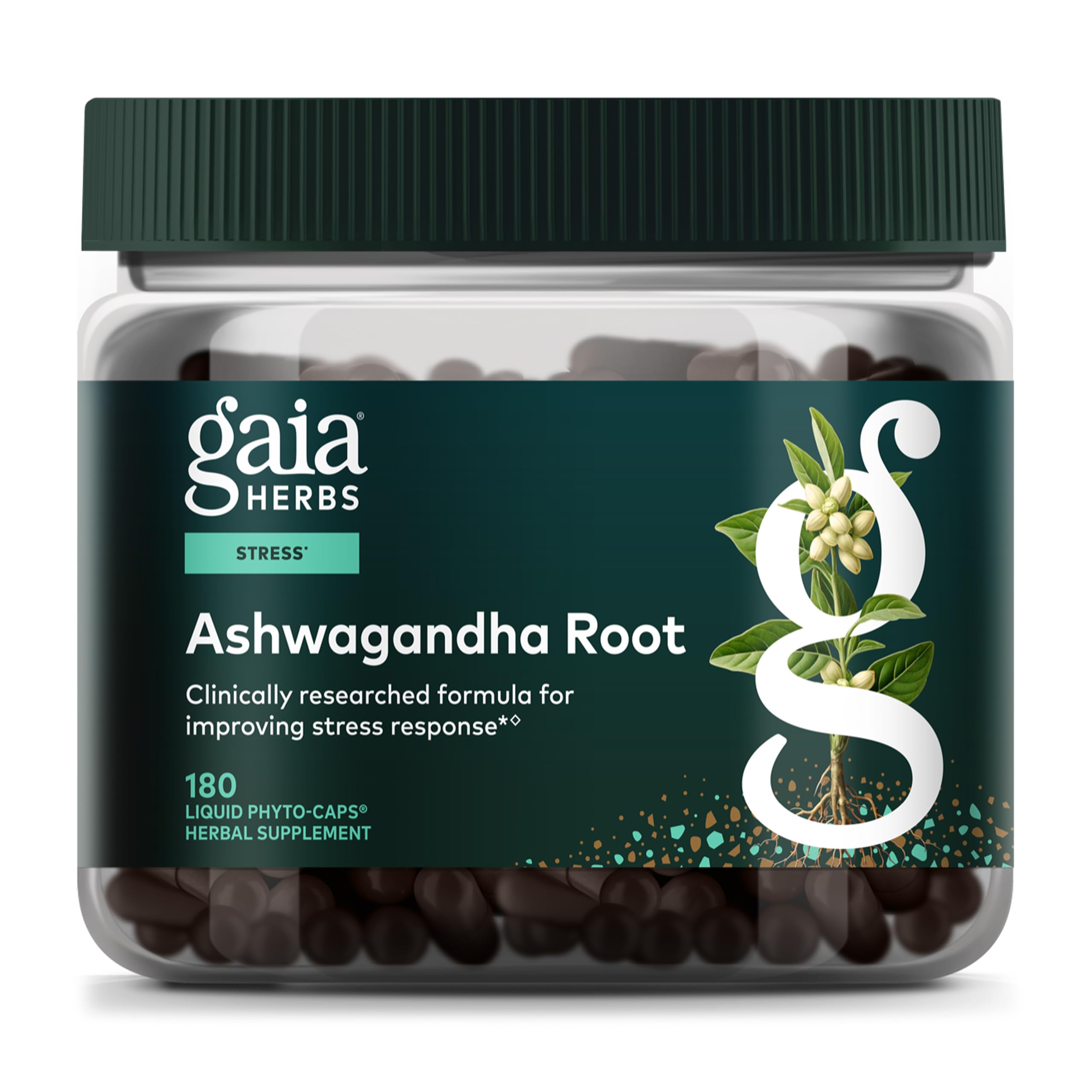 Gaia Herbs Ashwagandha bottle with stress support potential.