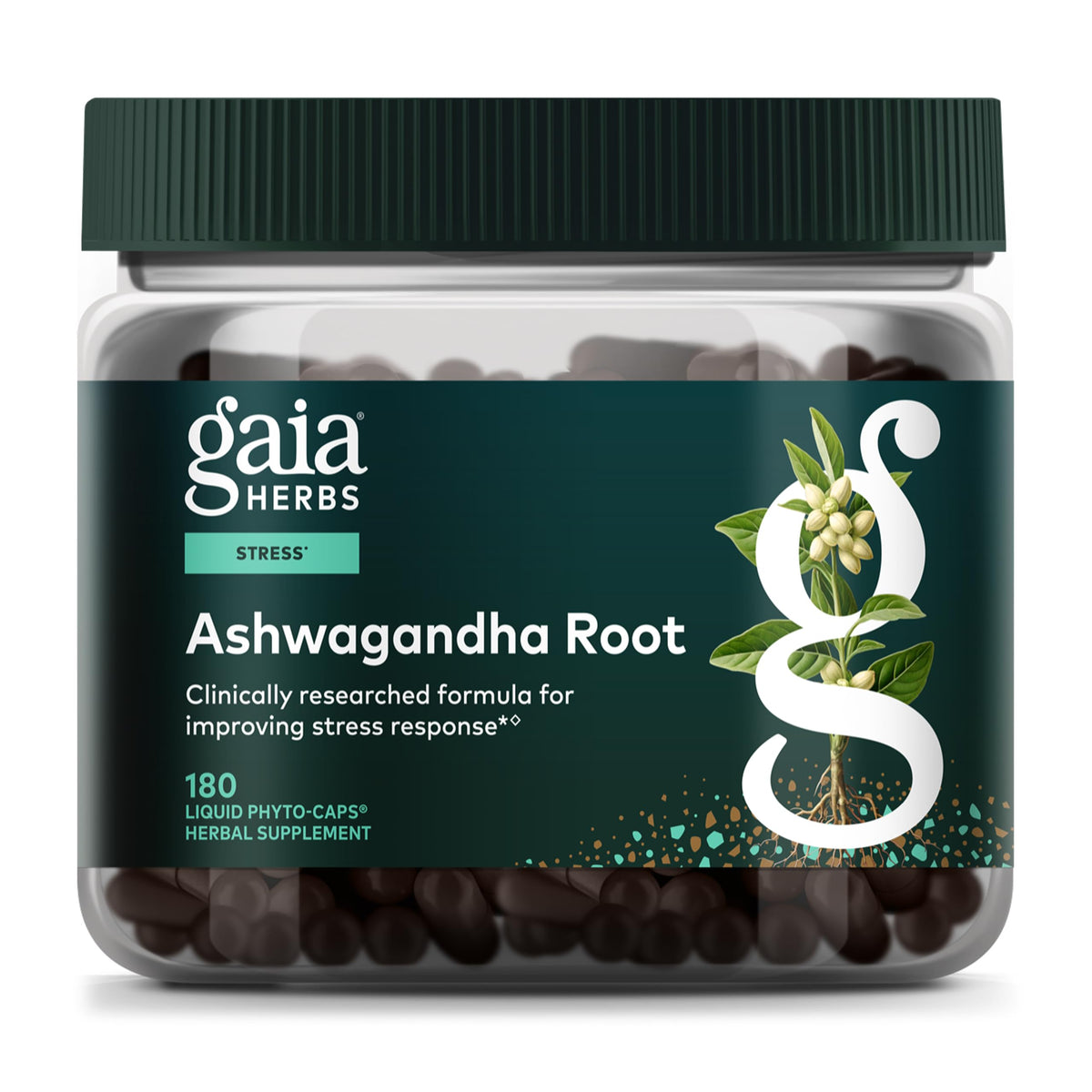 Gaia Herbs Ashwagandha bottle with stress support potential.