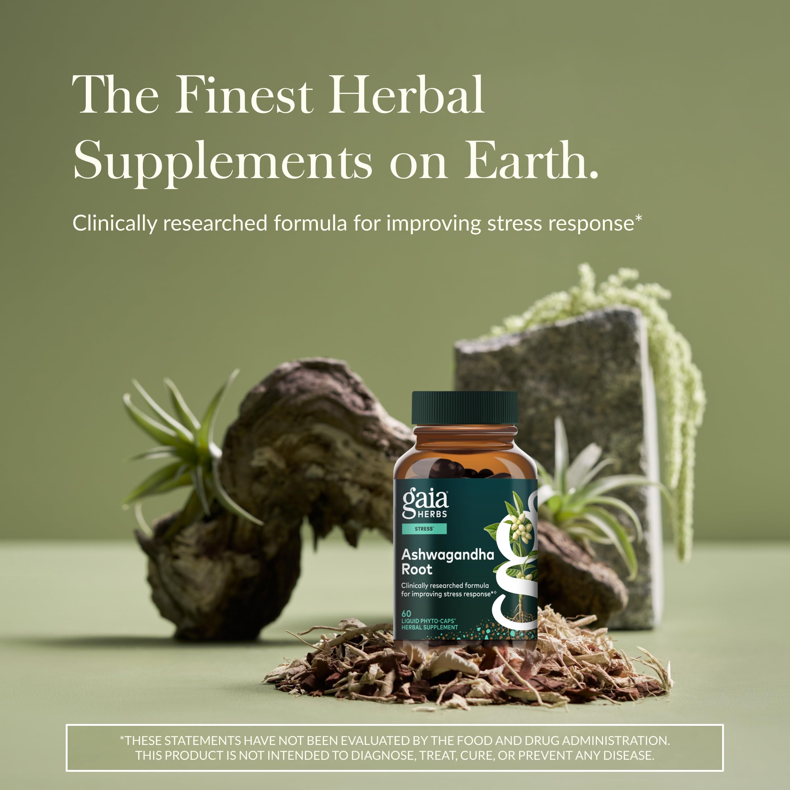Gaia Herbs Ashwagandha capsules closeup for convenient daily intake.