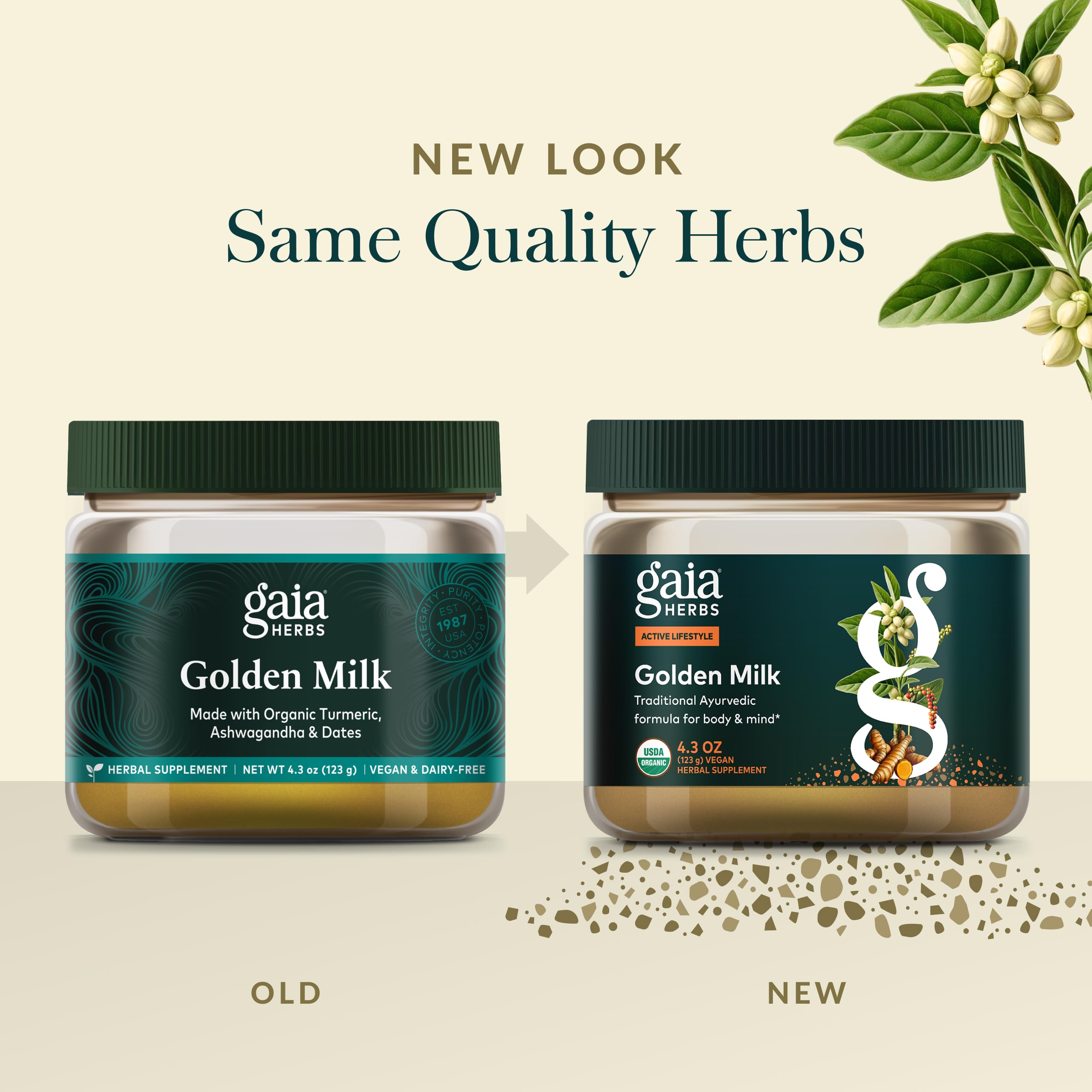 Ashwagandha and cardamom herbs from Gaia Herbs for balanced evenings.
