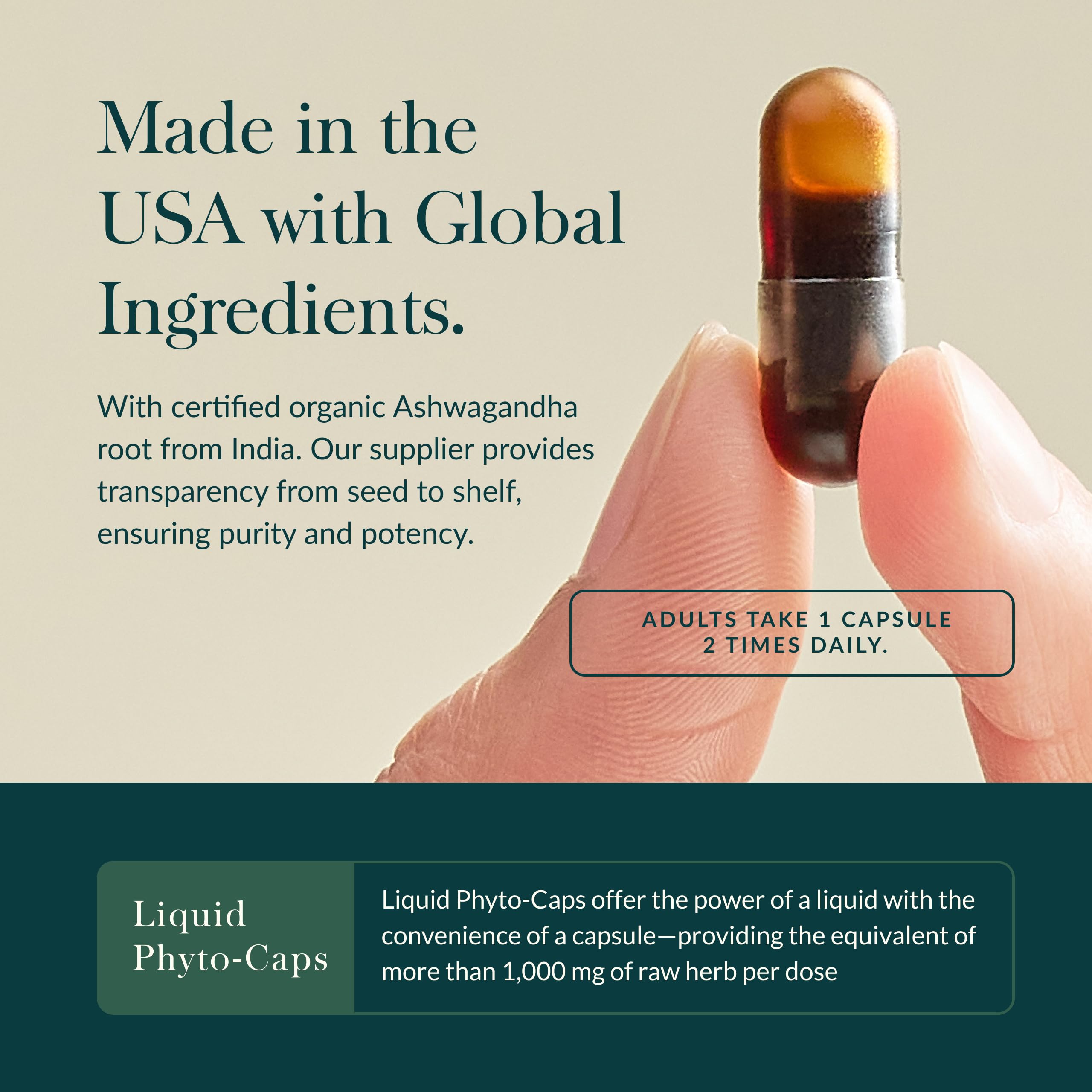 Gaia Herbs Ashwagandha packaging label closeup emphasizes organic root sourcing.