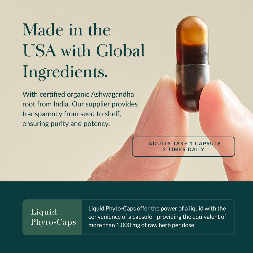 Gaia Herbs Ashwagandha packaging label closeup emphasizes organic root sourcing.