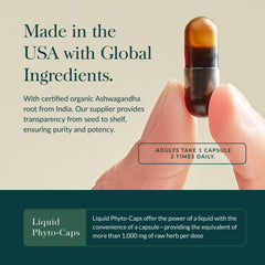 Gaia Herbs Ashwagandha packaging label closeup emphasizes organic root sourcing.