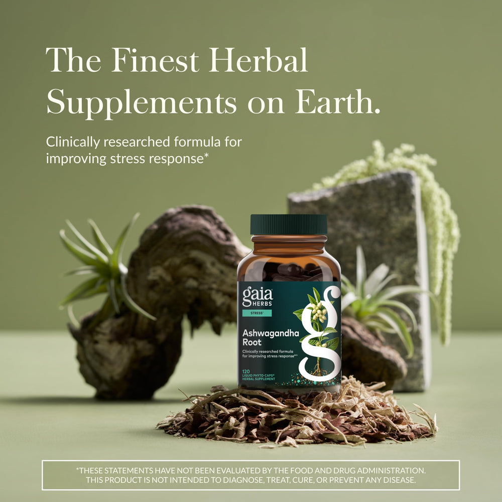 Gaia Herbs Ashwagandha Root capsules closeup highlighting vegan capsules.