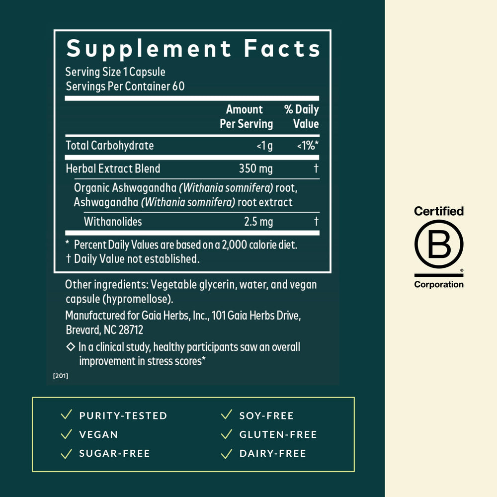 Gaia Herbs Ashwagandha root dried shows natural ingredients for wellness routines.