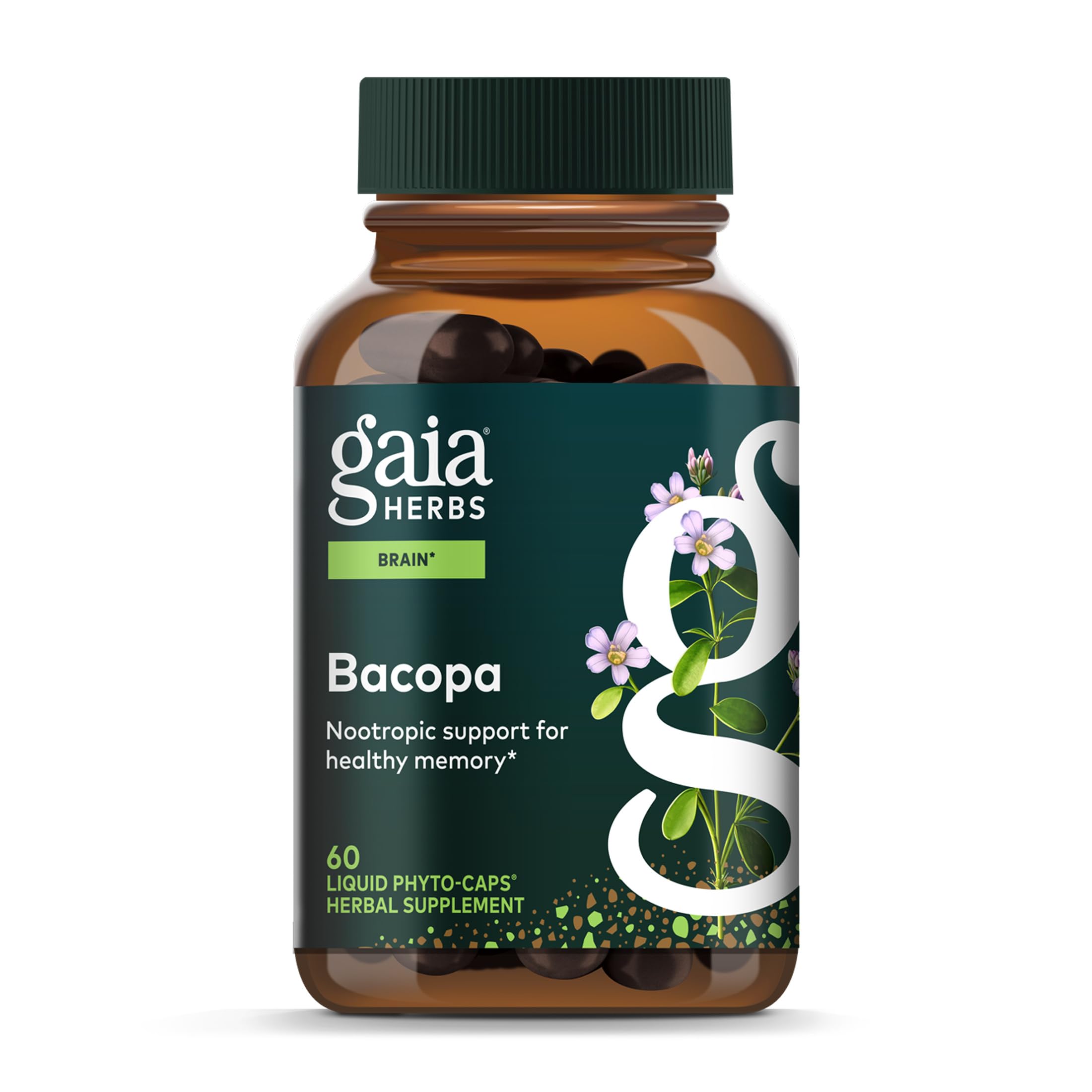 Gaia Herbs Bacopa bottle front for daily focus support.