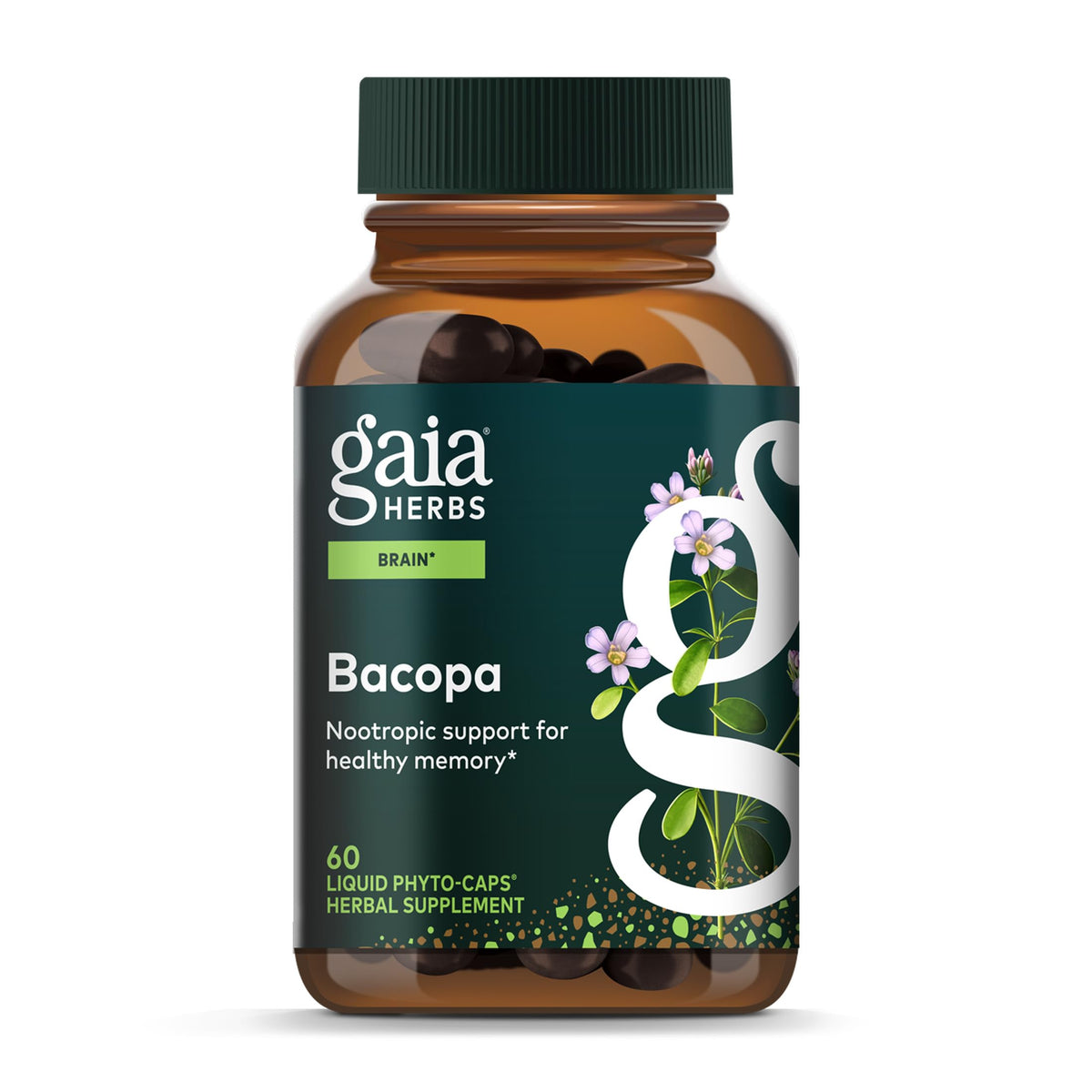 Gaia Herbs Bacopa bottle front for daily focus support.