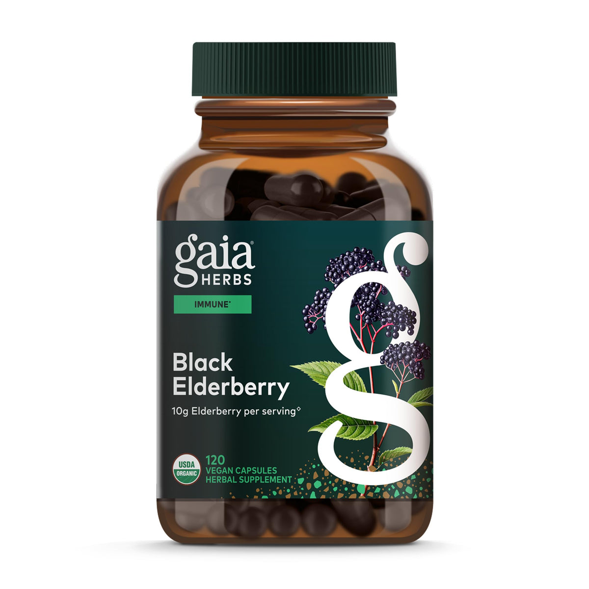 Gaia Herbs Black Elderberry bottle image showing daily immune support.