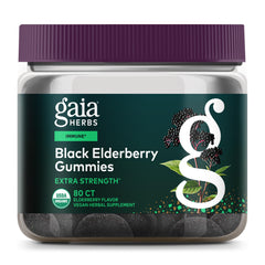 Gaia Herbs Black Elderberry gummies bottle highlights extra strength immune support