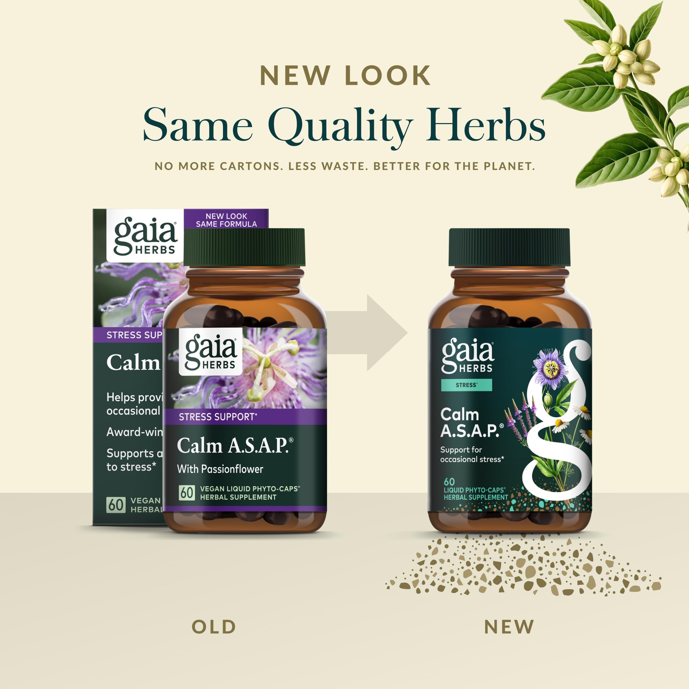 Gaia Herbs Calm A.S.A.P. bottle pour demonstrates easy, on-the-go use.