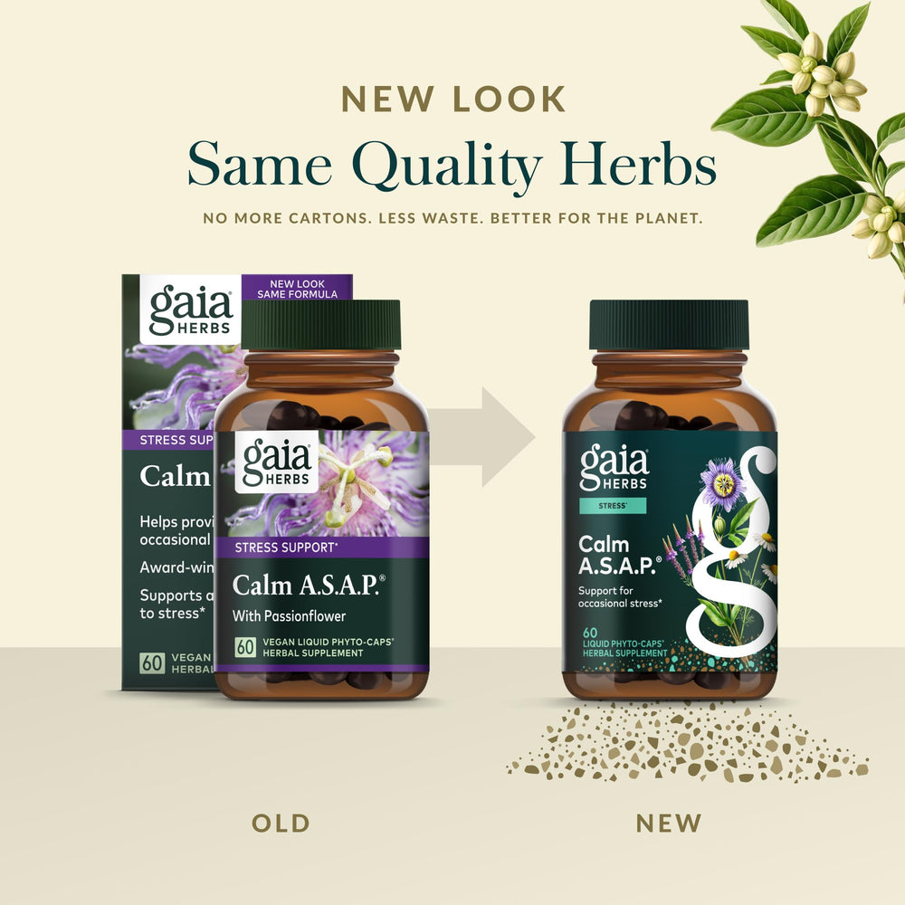 Gaia Herbs Calm A.S.A.P. bottle pour demonstrates easy, on-the-go use.