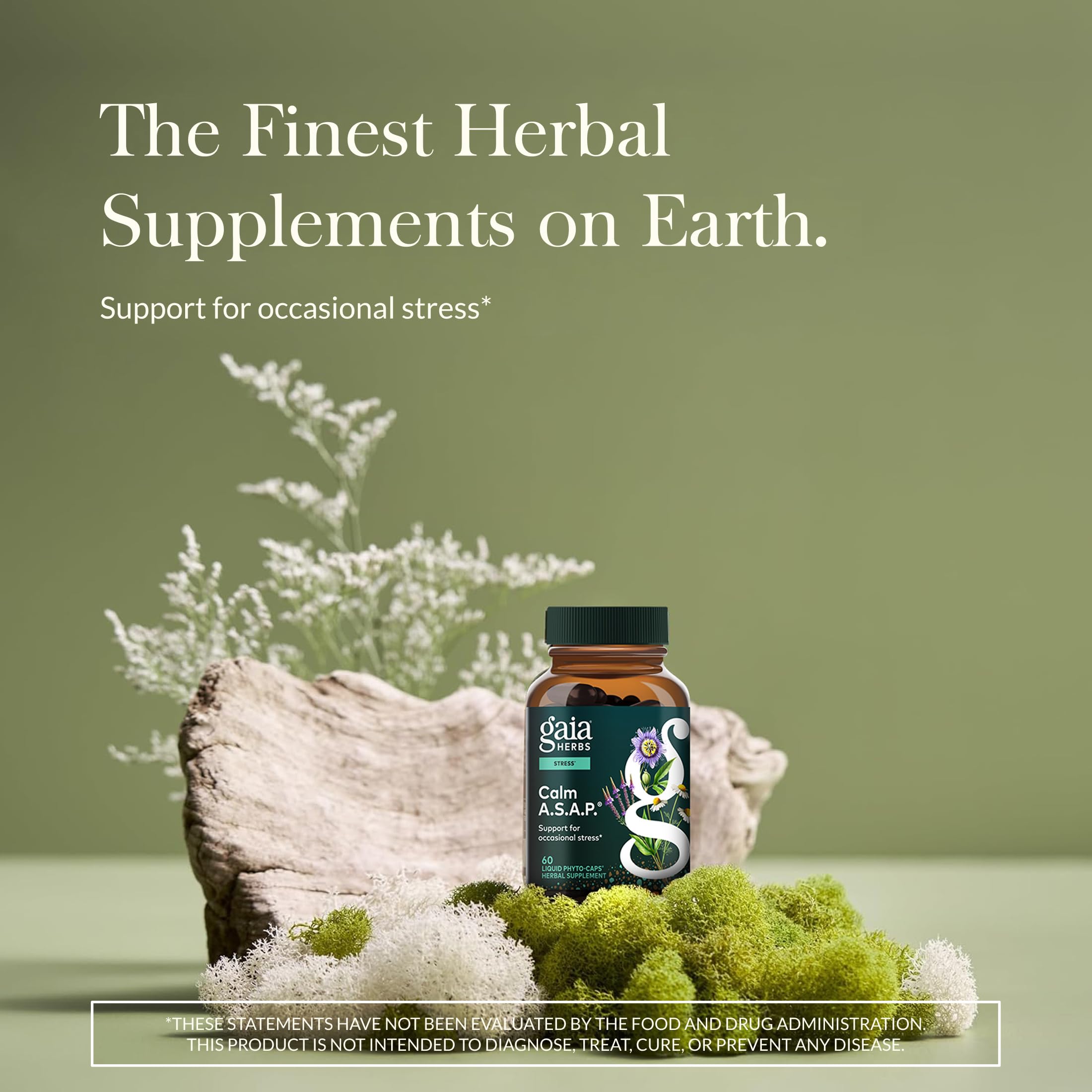 Gaia Herbs Calm A.S.A.P. bottle side view captures compact packaging ideal for travel.