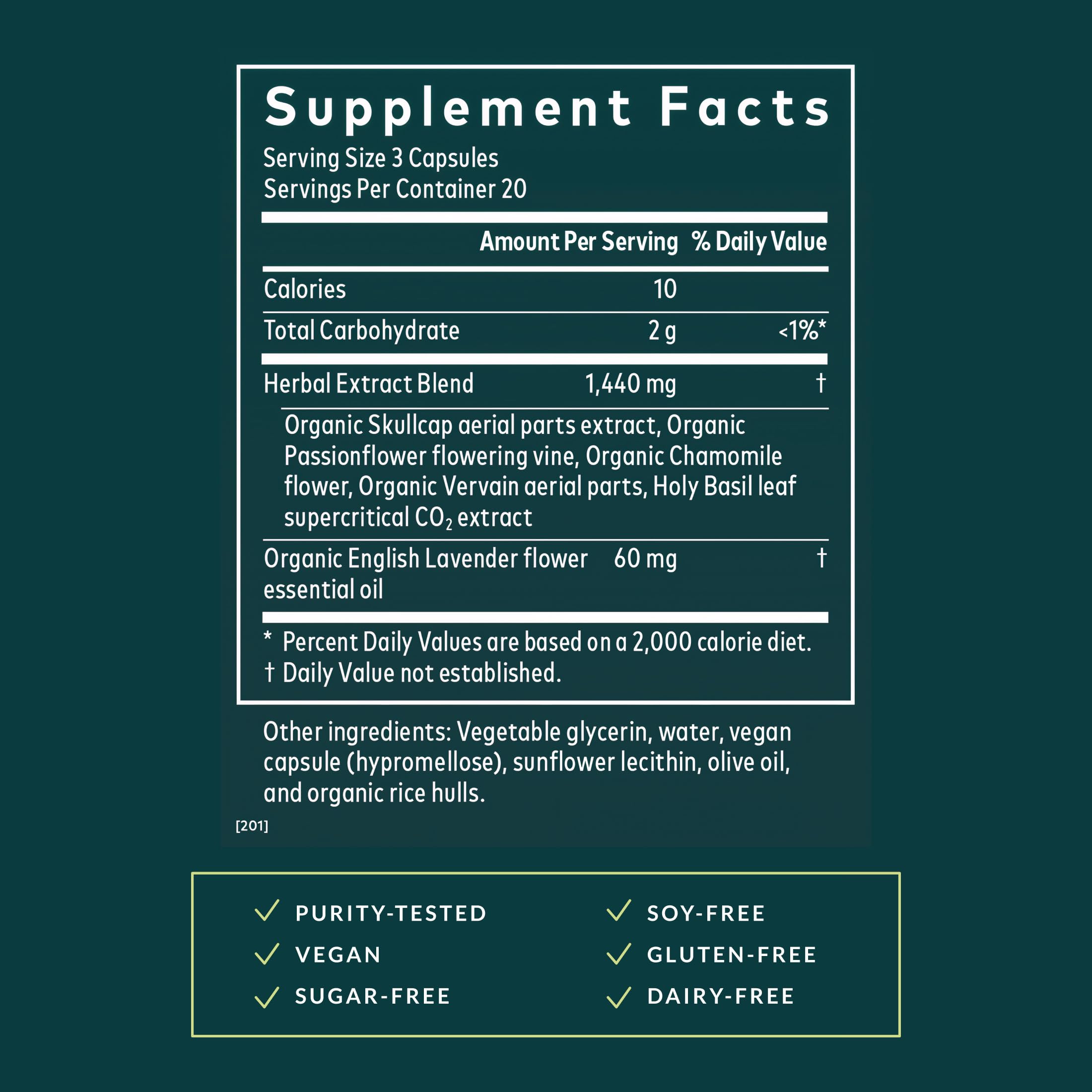 Gaia Herbs Calm A.S.A.P. label closeup highlights skullcap and passionflower ingredients.