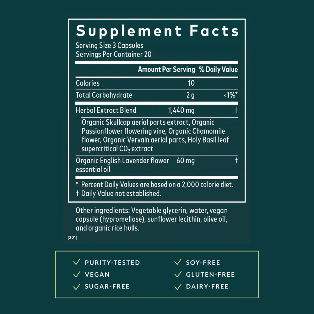 Gaia Herbs Calm A.S.A.P. label closeup highlights skullcap and passionflower ingredients.