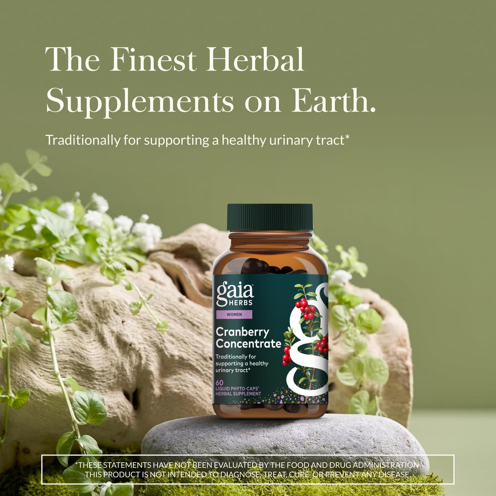 Gaia Herbs Cranberry Concentrate liquid phyto-caps close-up highlighting organic cranberry antioxidant support.