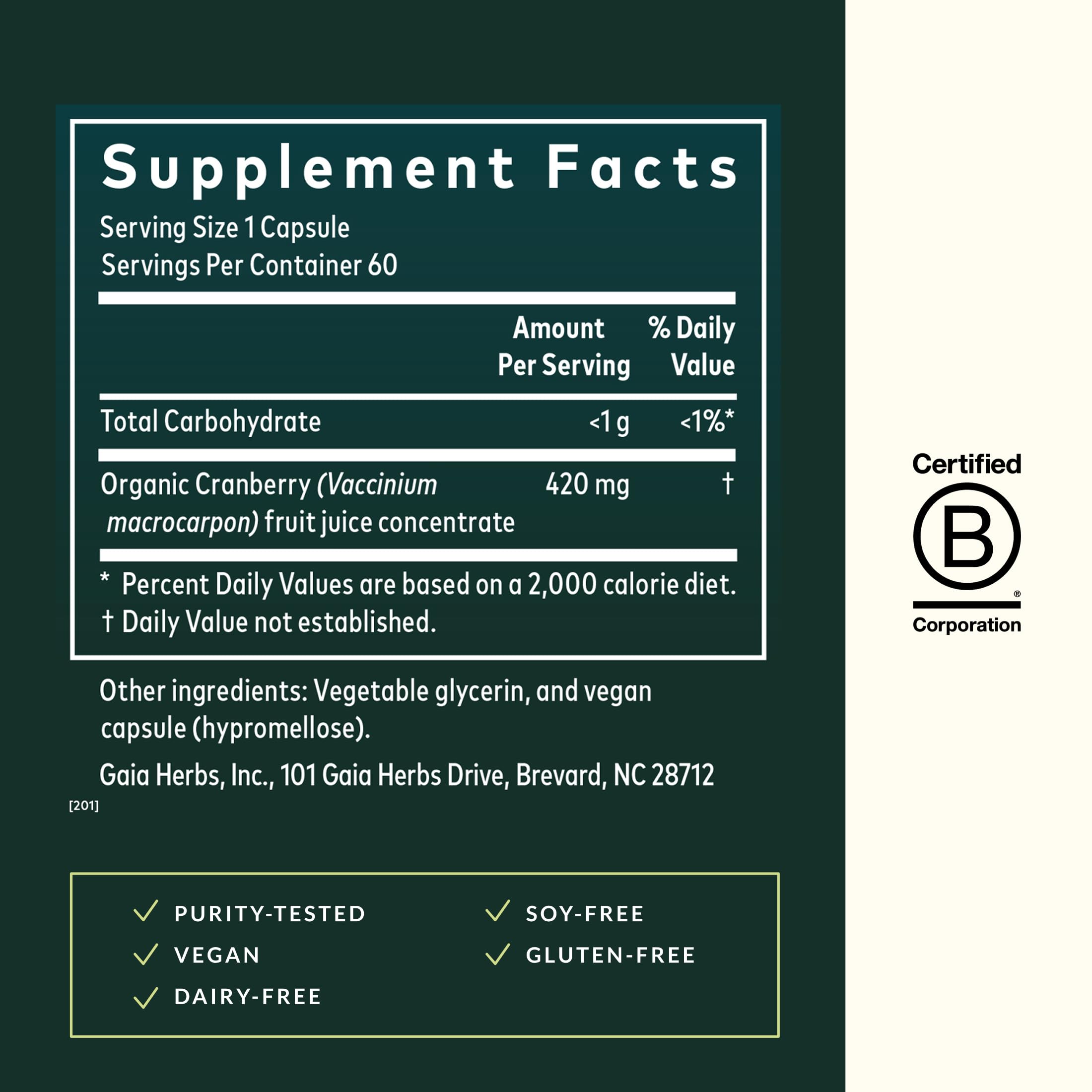 Gaia Herbs Cranberry Fruit Juice Extract label close-up reflecting traditional herbal origins.