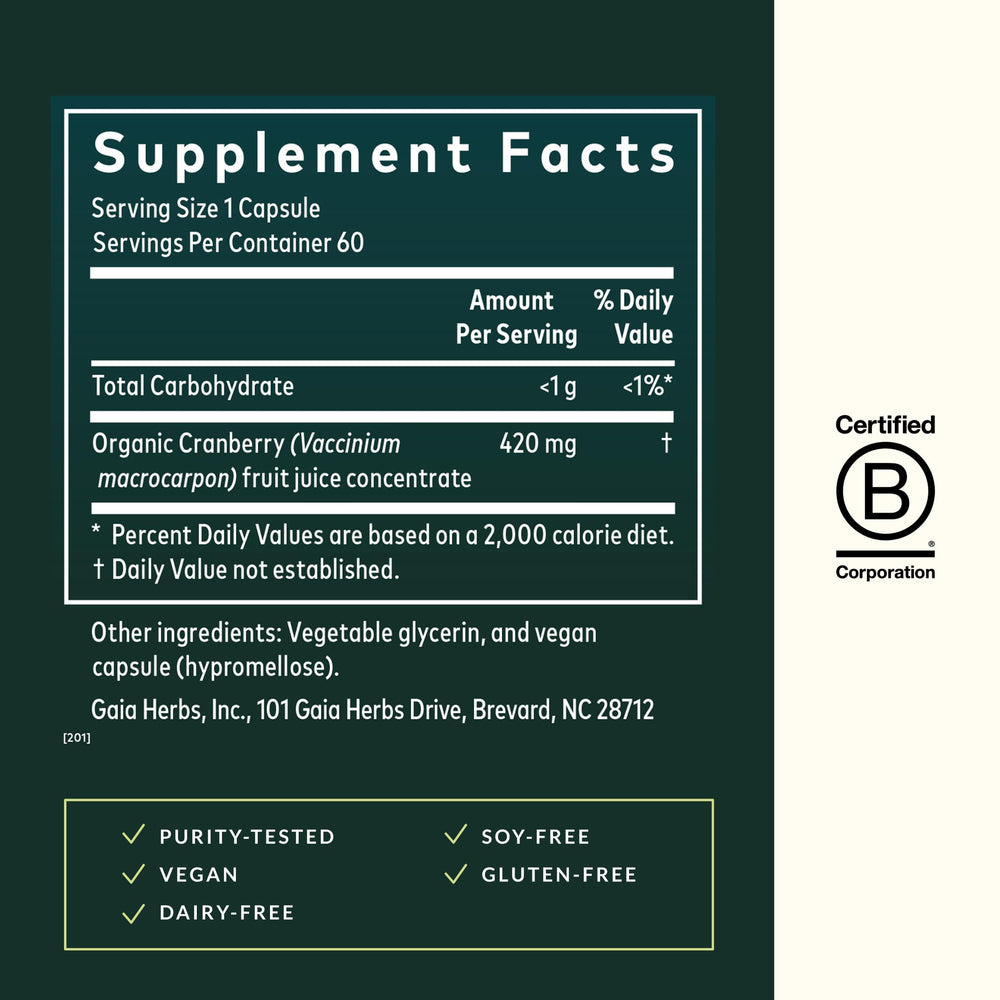 Gaia Herbs Cranberry Fruit Juice Extract label close-up reflecting traditional herbal origins.