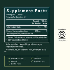 Gaia Herbs Cranberry Fruit Juice Extract label close-up reflecting traditional herbal origins.