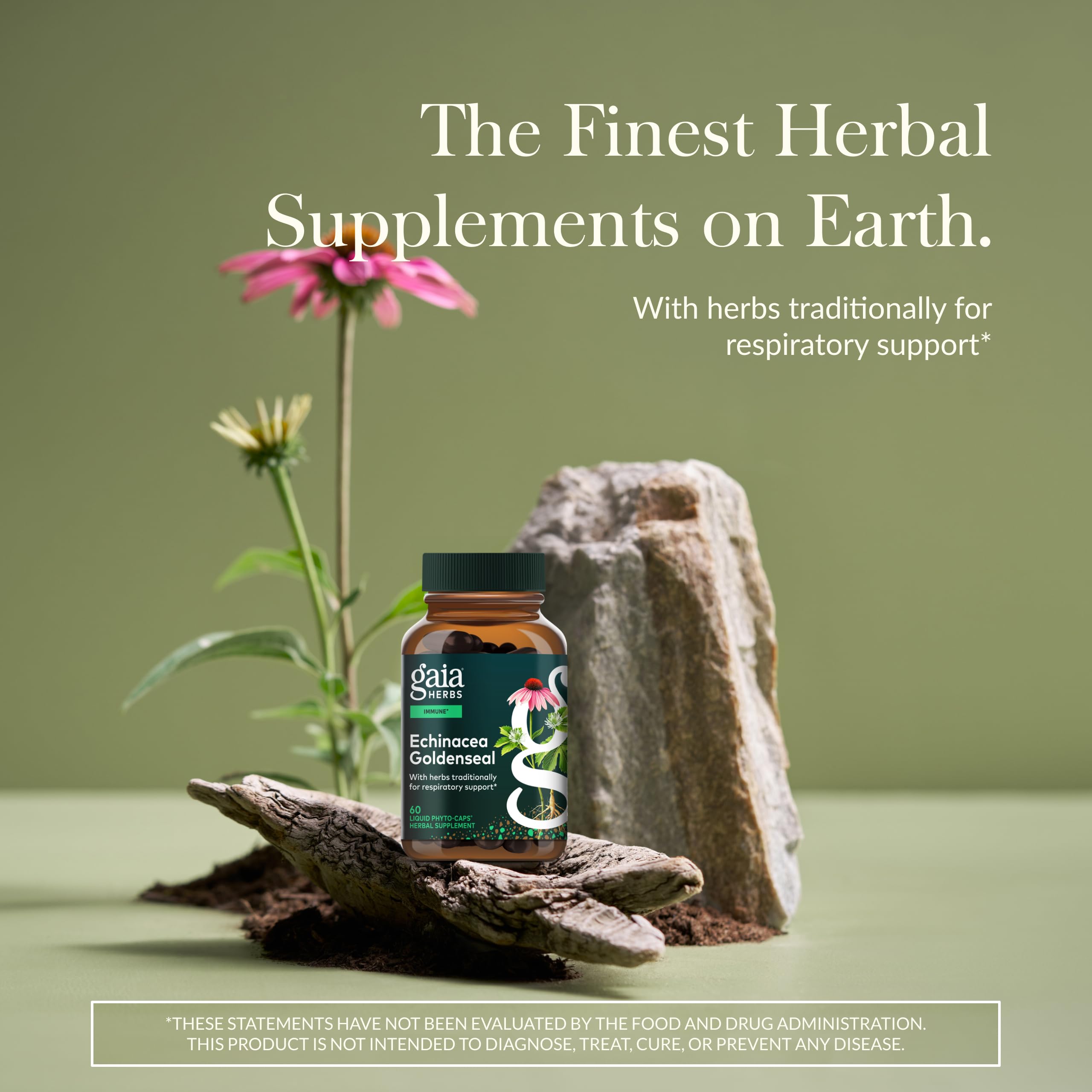 Gaia Herbs Echinacea Goldenseal capsules closeup highlighting plant-based formula.