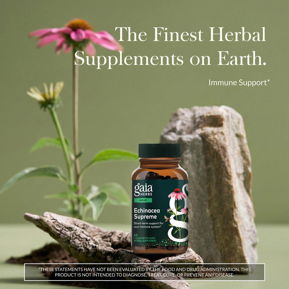 Gaia Herbs Echinacea Supreme bottle side highlights plant-based formula and sustainable sourcing.